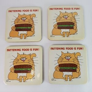 Vintage 1983 Fattening Food Is Fun Cat Coasters Set of 4 Cork Back Made in USA